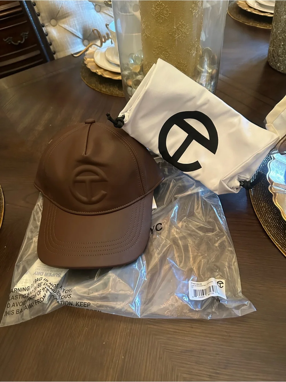 Brand New Unisex Telfar Chocolate Brown Embossed Logo Leather Cap